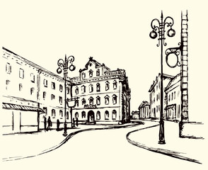 Vector outline. The architectural landscape of the old streets of the city