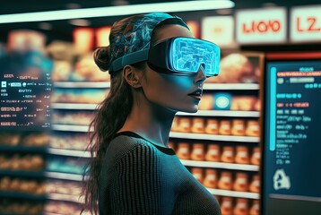 illustration of a woman shopping at supermarket wearing VR headset 
