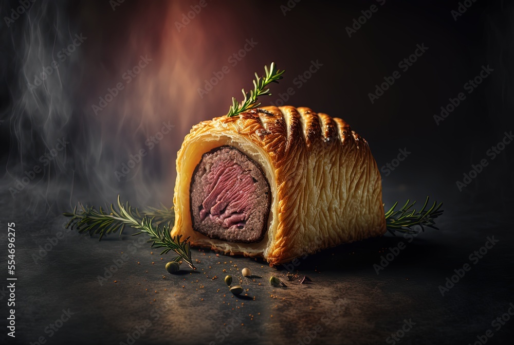 Wall mural illustration of close-up hot Beef Wellington ,Generative Ai