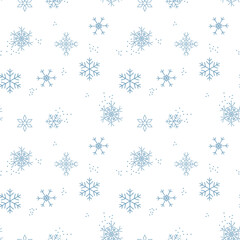 Seamless vector pattern Merry Christmas and Happy New Year. Winter theme drawing. Elements of figured snowflakes falling from the sky. Pattern for web, wrapping paper, gifts, advertising, design