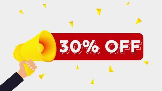 Man holding megaphone and word 30 percent off near chalkboard. Sale concept. 4K video animation