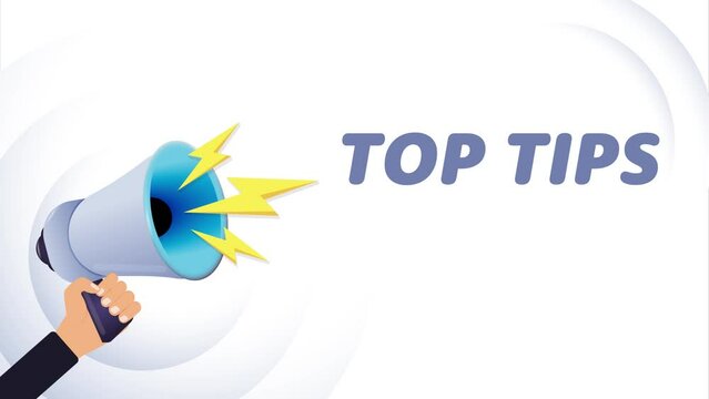 Hand hold megaphone. Top tips, realistic 3d megaphone, loudspeaker with lightning. Symbols speaker, social media, advertising and promotion. 4K video animation