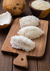 Cocada, traditional latin american coconut candy with grated coconut