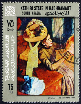 Postage stamp South Yemen 1967 the millinery shop, by Degas