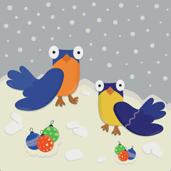 birds in the snow postcard. New Year's card with birds. Christmas balls. illustration