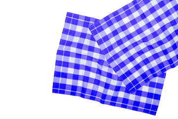 Closeup of a blue white checkered napkin or tablecloth texture isolated on a white background. Clipping path. Kitchen accessories. Top view.