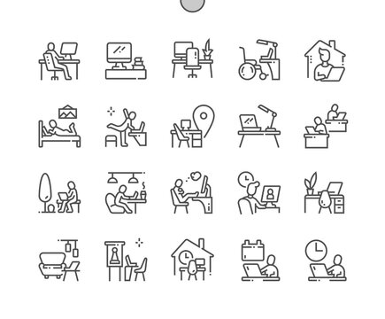 Work place. Remote work. Man at the desk. Video conference. Freelancer. Pixel Perfect Vector Thin Line Icons. Simple Minimal Pictogram