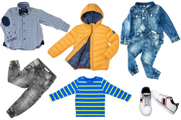 Collage set of little boys autumn clothes isolated on a white background. Denim trousers and...