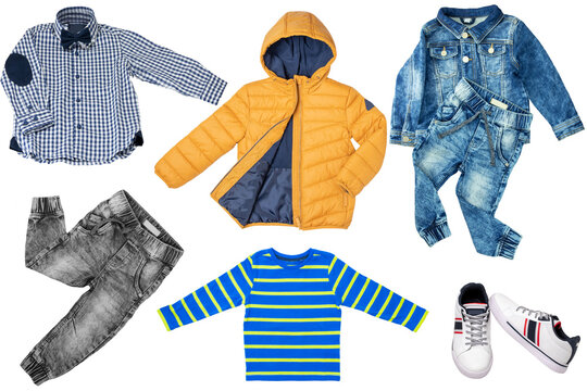Collage set of little boys autumn clothes isolated on a white background. Denim trousers and jacket, sneaker, a down jacket, pants and shirts for child boy. Children's winter fashion.