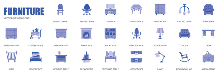 Furniture concept of web icons set in simple flat design. Pack of dining chair, tv bench, table, wardrobe, armchair, shelving unit, fireplace, bookcase and other. Vector blue pictograms for mobile app