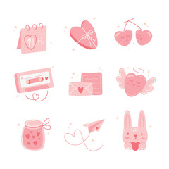 Set of vector elements for Valentine's Day. Hearts, latter, cup, bunny, kiss, and gift boxes on a white background.