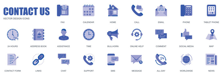 Contact us concept of web icons set in simple flat design. Pack of fax, calendar, home, call, email, phone, 24 hours, address book, support, bullhorn and other. Vector blue pictograms for mobile app