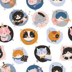 Cute Party Cat Birthday theme  seamless pattern Vector illustration