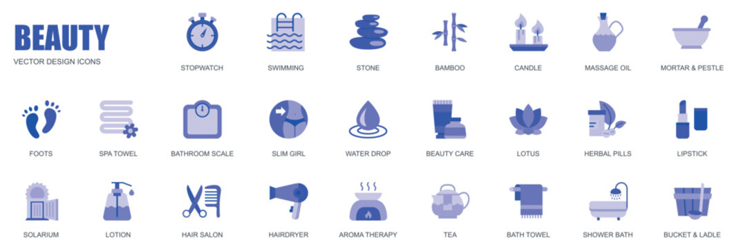 Beauty concept of web icons set in simple flat design. Pack of stopwatch, swimming, stone, bamboo, candle, massage oil, foots, spa, scale, slim girl and other. Vector blue pictograms for mobile app