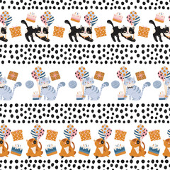 Cute Party Cat Birthday theme  seamless pattern Vector illustration
