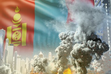 big smoke pillar with fire in the modern city - concept of industrial disaster or terroristic act on Mongolia flag background, industrial 3D illustration