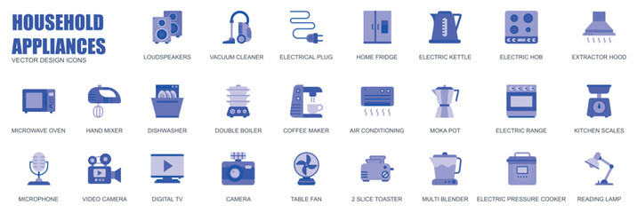 Household appliances concept of web icons set in simple flat design. Pack of loudspeaker, vacuum cleaner, boiler, plug, fridge, microwave oven, mixer and other. Vector blue pictograms for mobile app