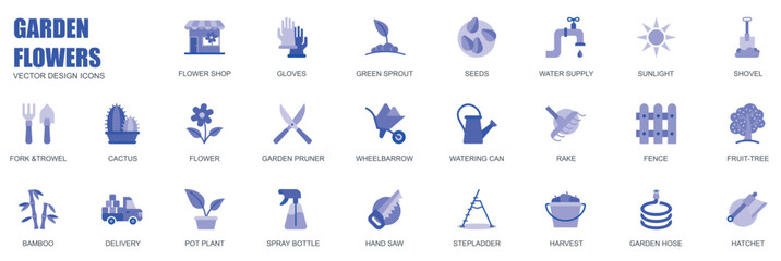 Garden flowers concept of web icons set in simple flat design. Pack of shop, gloves, green sprout, seeds, water supply, sunlight, shovel, fork, trowel and other. Vector blue pictograms for mobile app