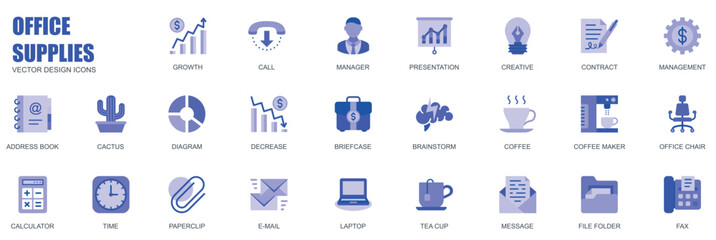 Office supplies concept of web icons set in simple flat design. Pack of growth, call, manager, presentation, contract, address book, document, diagram and other. Vector blue pictograms for mobile app