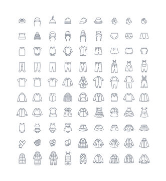 Baby cloth thin line icons. Simple linear pictograms for kids clothing shop. Editable stroke. Children wardrobe garments. Cute outfit for toddler, little boy or girl. Shirt, pants, jacket, dress, coat