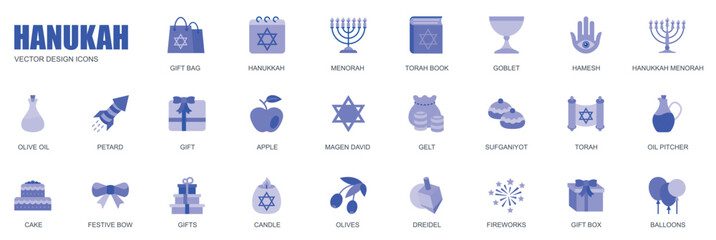 Hanukkah concept of web icons set in simple flat design. Pack of bag gift, firework, menorah, torah book, goblet, hamesh, olive oil, petard, candle and other. Vector blue pictograms for mobile app