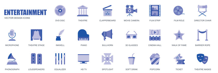 Entertainment concept of web icons set in simple flat design. Pack of dvd disc, theatre, clapperboard, movie, film, director, chair, microphone, stage and other. Vector blue pictograms for mobile app
