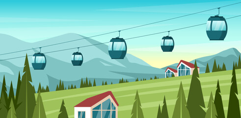 Spring and summer mountain landscape. Vector illustration of ski resort with hill, green grass, slope, hotels, cableway, ski lift. Outdoor holiday activity in Alps. Springtime. Horizon background