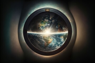 Fototapeta premium The shape of the earth. Sci-fi background with planet and abstract universe, earth map. Fantasy, Flat planet theory. Earth view from space. AI