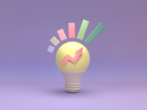3d rendering concept. Business and startup concept. The right idea leads to income growth. light bulb icon in financial creative style and gradient graph pattern light represents growth