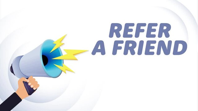 Hand hold megaphone. Refer a friend, realistic 3d megaphone, loudspeaker with lightning. Symbols speaker, social media, advertising and promotion. 4K video animation