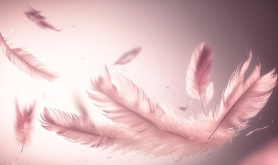 Soft pink feathers texture background. Decorative artistic background.  Flying pink bird or angel feathers. digital art - obrazy, fototapety, plakaty