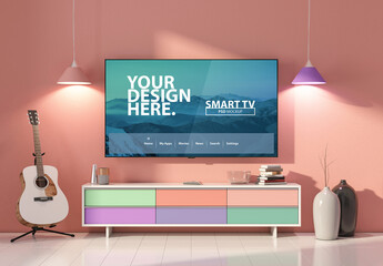 Smart Tv mockup with white acoustic guitar and lamps in modern living room