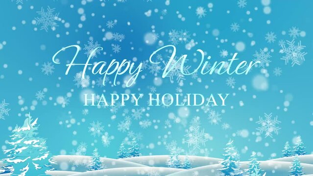Happy winter holidays greeting background with animation text, snowfall, hill and tree covered with snow in blue color