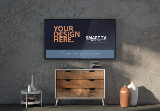 Tv Mockup hanging on wall in living room with concrete wall