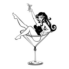 Beauty girl from comic book sitting in high cocktail glass and holding glass in his raised hand. Сartoon vector on transparent background