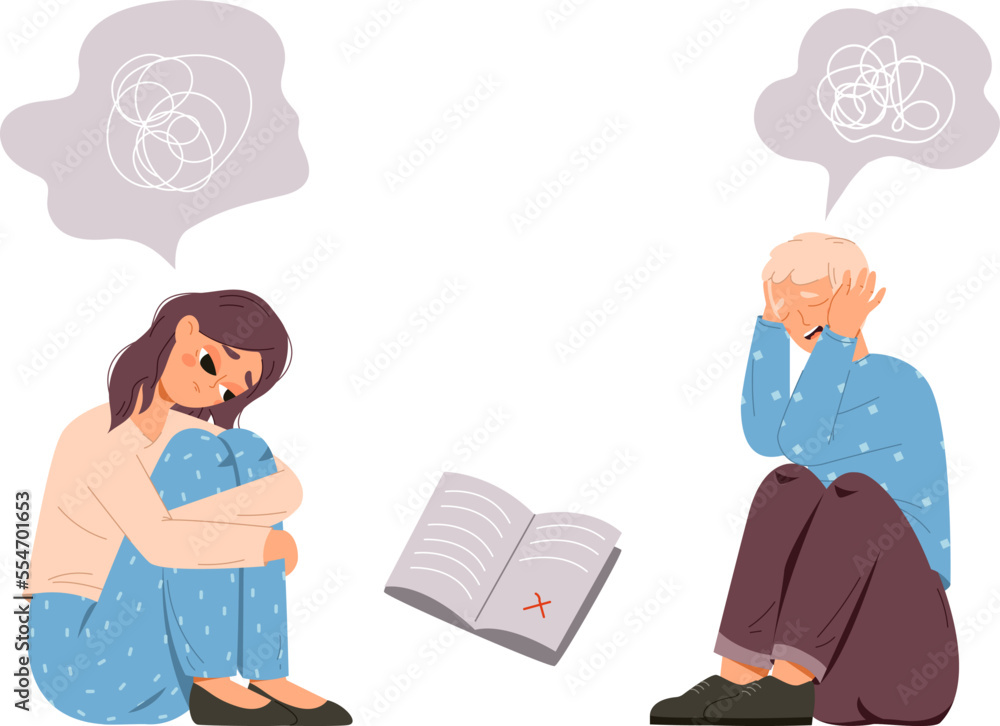 Poster learning difficulty, sad tired teens characters with confused thoughts and bad test score. students 