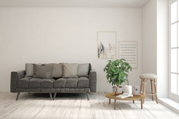 White living room with sofa. Scandinavian interior design. 3D illustration