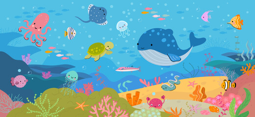 Naklejka na ściany i meble Underwater world, ocean animals and nature. Beautiful cartoon aquarium background. Sea octopus and whale, marine life nowaday vector scene