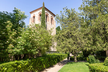 Fototapeta na wymiar Zuloaga garden and the Church of San Juan de los Caballeros in Segovia city, Castile and Leon, Spain