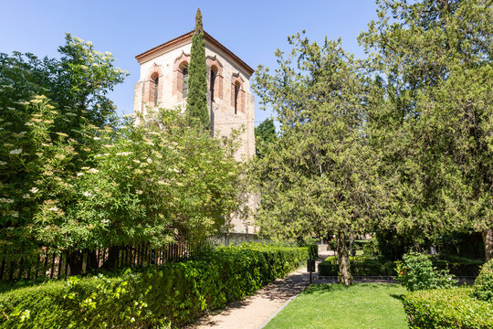 Zuloaga garden and the Church of San Juan de los Caballeros in Segovia city, Castile and Leon, Spain