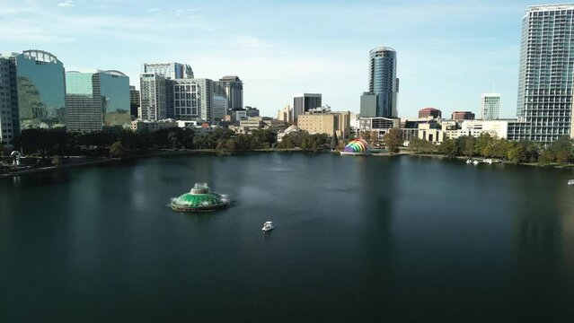 Aerial view of Downtown Orlando Florida from Lake Eola with fountain stock video