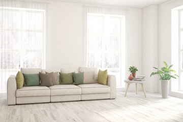 White living room with sofa. Scandinavian interior design. 3D illustration