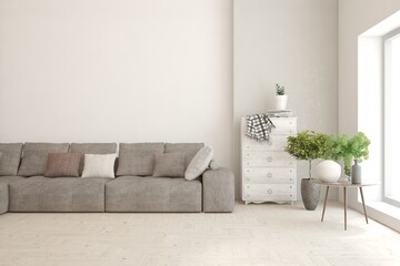 White living room with sofa. Scandinavian interior design. 3D illustration