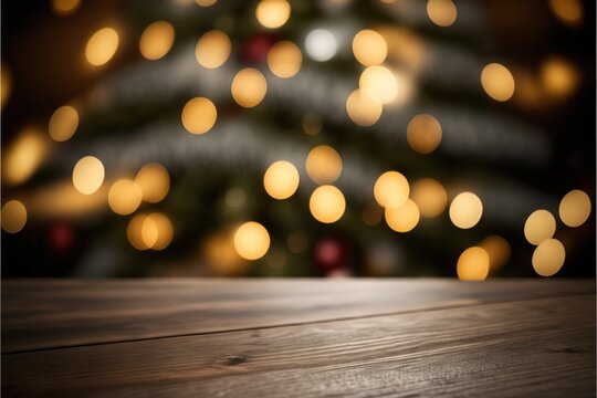 Empty Wooden holiday table with blurred bokeh background. Festive lights, Christmas tree and garlands. AI