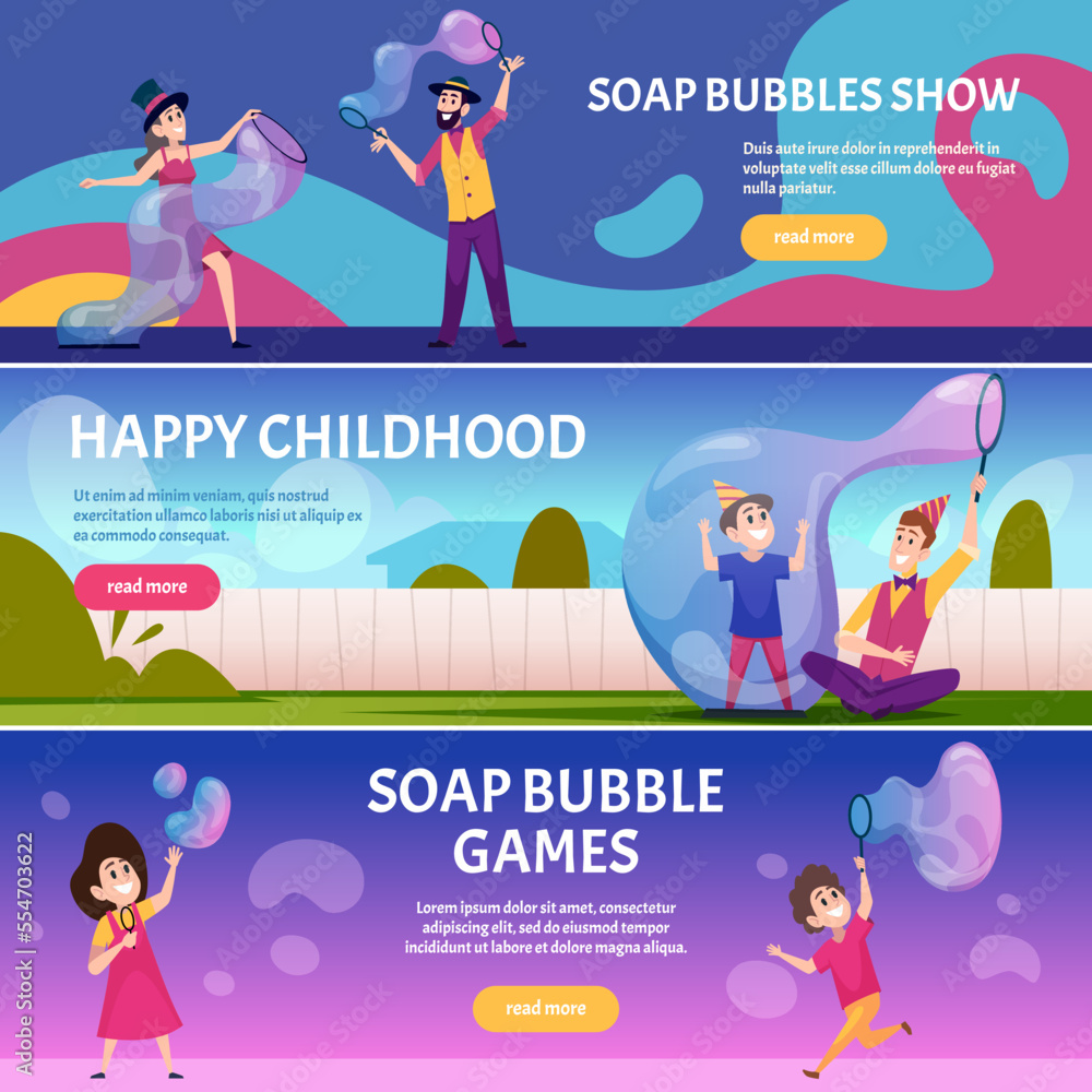 Poster soap bubbles banners. playground with soap for happy kids water attraction exact vector horizontal t