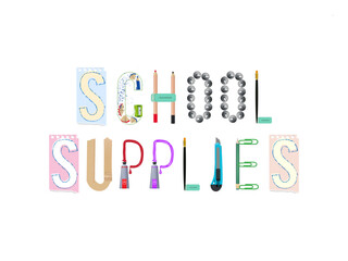 School supplies. alphabet letters with stationery tools vector template