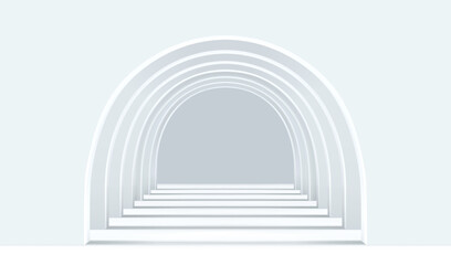 White empty corridor of several round arches in perspective with shadows. Minimal background. Abstract architecture. Vector illustration of archway. Inside interior