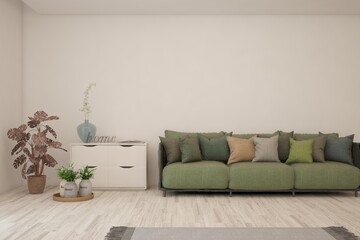 Obraz premium White living room with sofa. Scandinavian interior design. 3D illustration