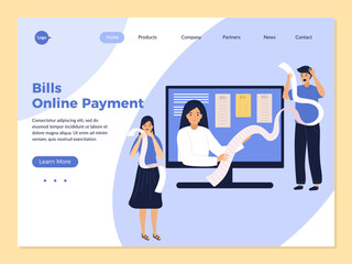 Naklejka na ściany i meble Bills people landing. Finance concept illustration business theme people with tax payment problems recent vector web page template with place for text