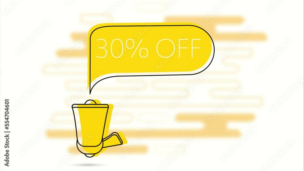 Poster 30 percent off banner. Megaphone and yellow speech bubble with text. Loudspeaker. Flat design. 4K video animation